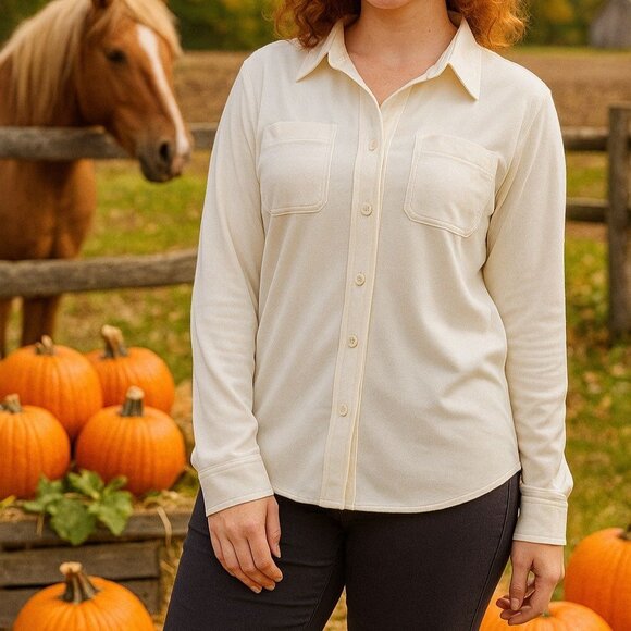 32 Degrees Small Women Soft Fleece Button Up Shirt Long Sleeve Shacket Top Cream - Picture 1 of 13